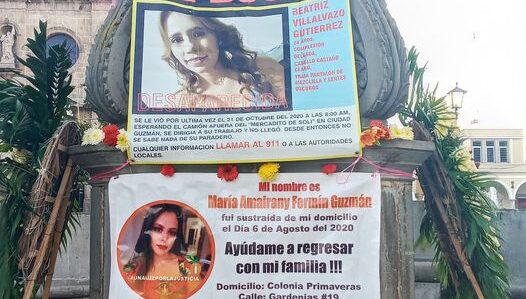 Reinstalan lonas de mujeres desaparecidas en el jardín principal de Ciudad Guzmán